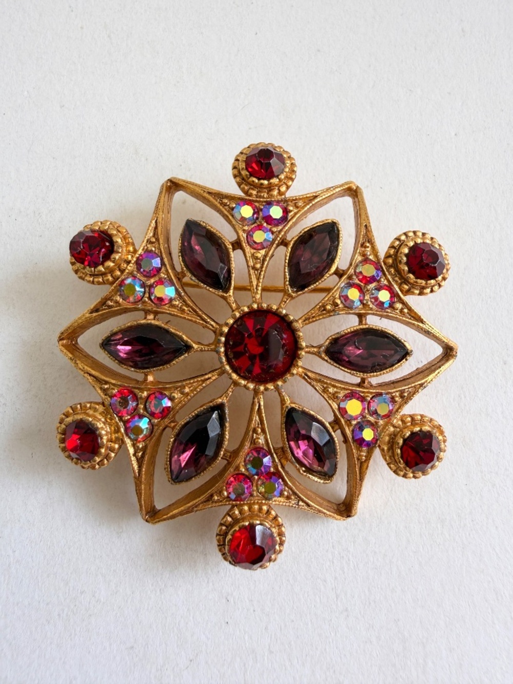 Vintage Robert Rose Red Rhinestone and AB Gold Tone Brooch Pin Back